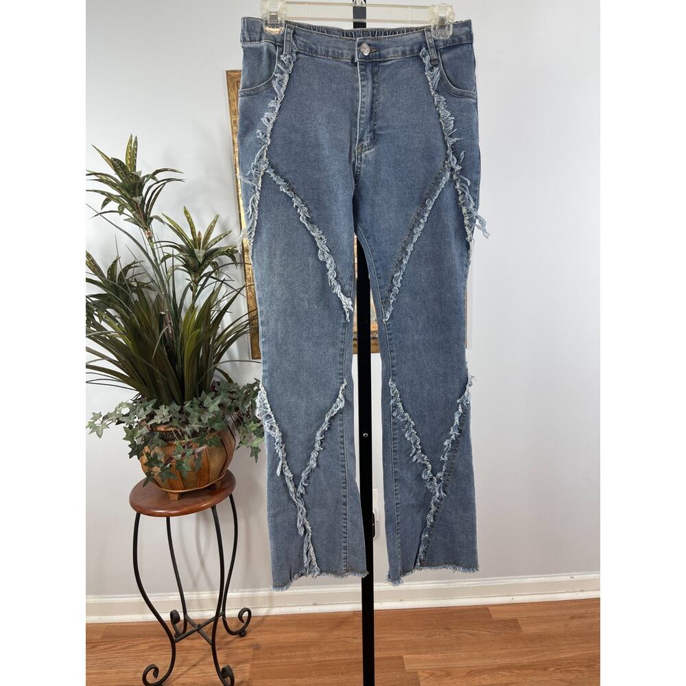 Shein Flare Jeans Girls 16Y Blue Denim Distressed Patchwork Bohemian Eclectic